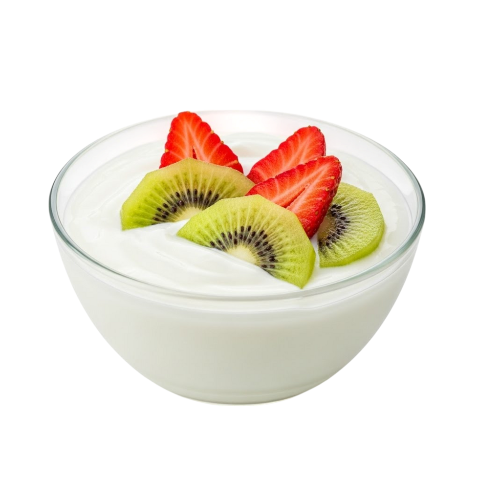 A delicious bowl of creamy yogurt topped with fresh sliced strawberries and kiwi png
