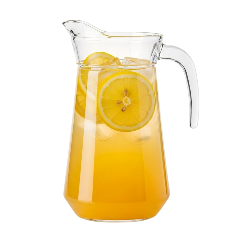 Refreshing pitcher of lemonade with ice and lemon slices on a transparent background png