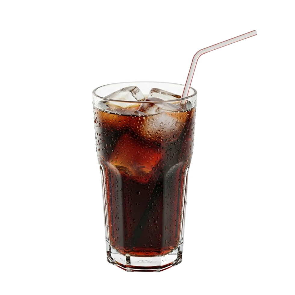 Refreshing iced coffee in a tall glass with ice cubes and a straw png