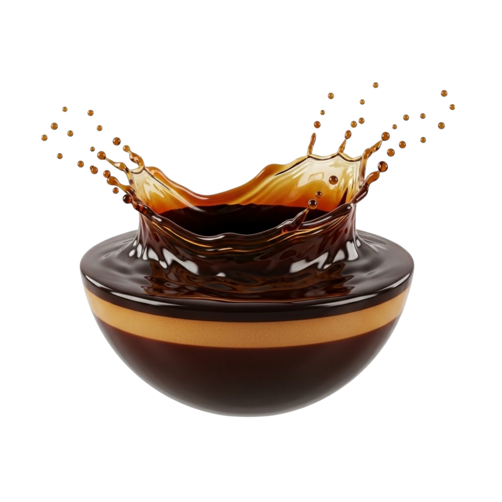 Dynamic coffee splash frozen in time above a layered bowl png