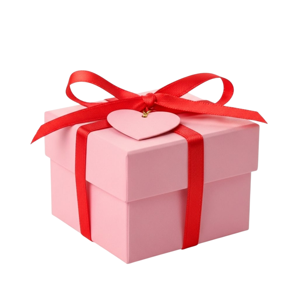A delicate pink gift box adorned with a vibrant red ribbon and a charming heart shaped tag png