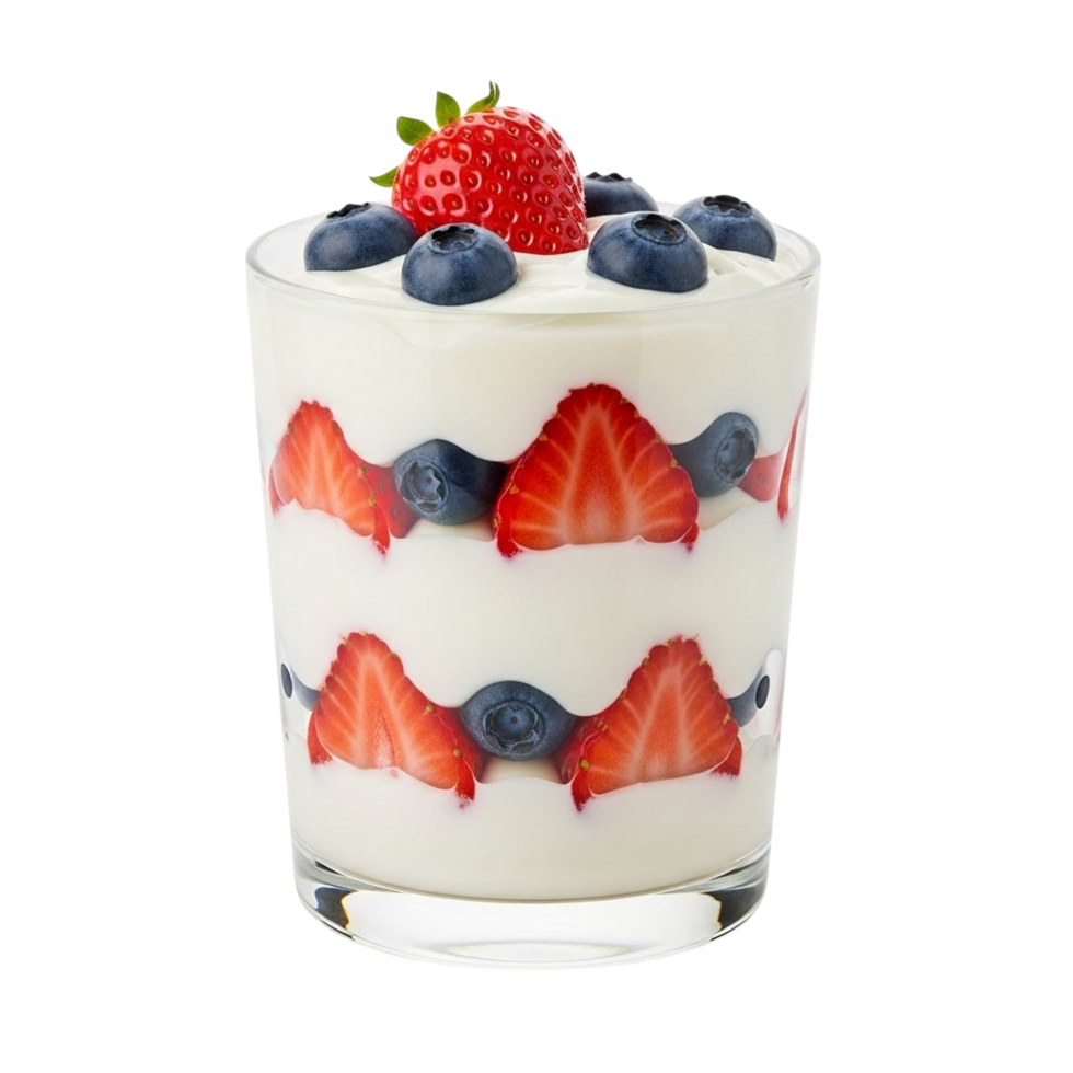 Delicious yogurt parfait layered with fresh strawberries and blueberries in a glass png