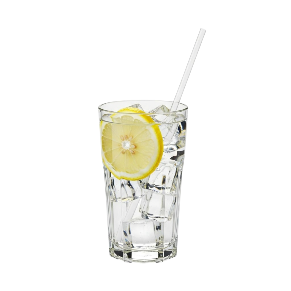 Refreshing glass of water with ice and lemon slice and straw png