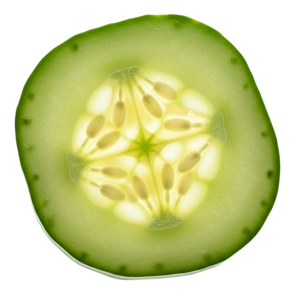 Close up macro view of a translucent cucumber slice revealing its internal structure and seeds png