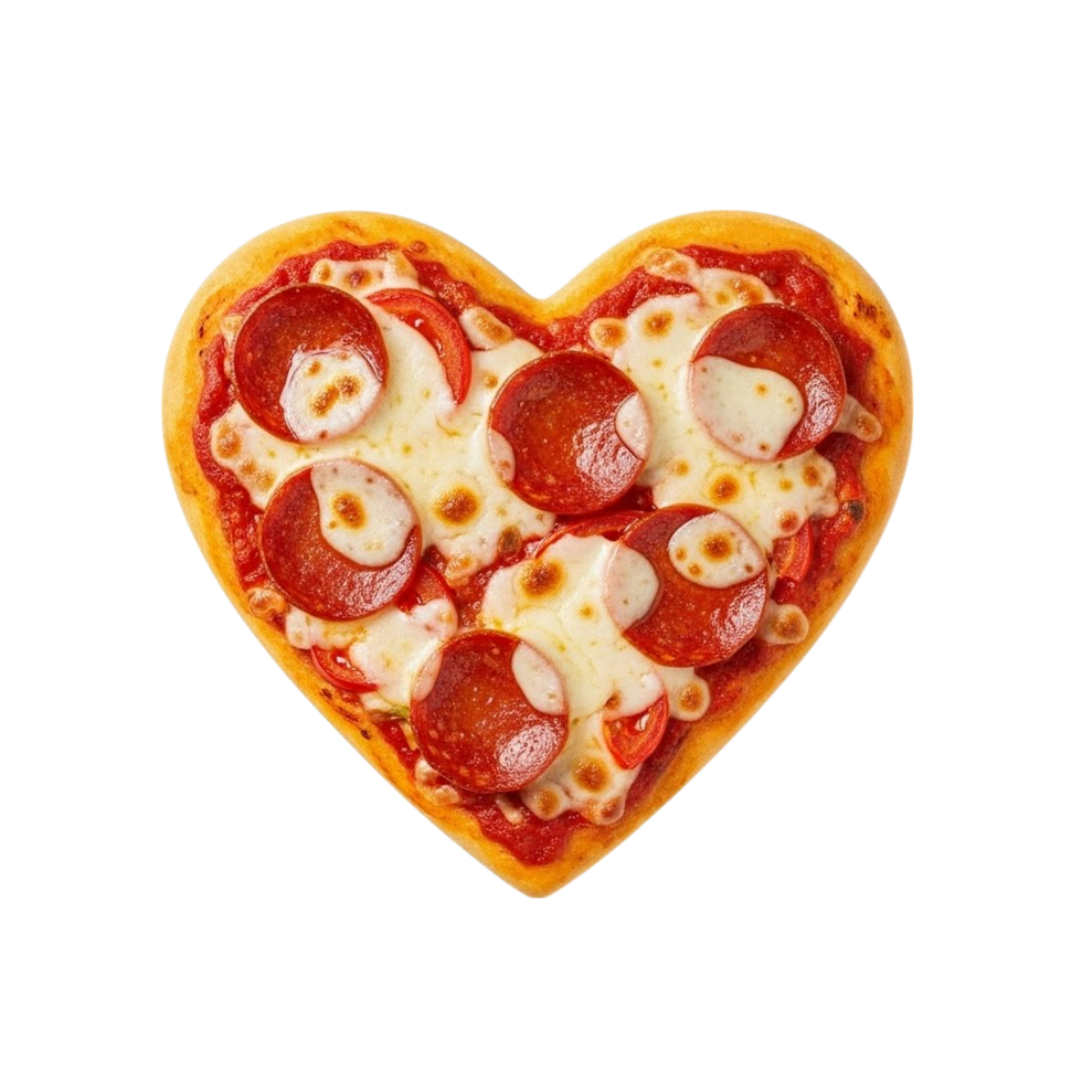 Delicious heart shaped pepperoni pizza with melted cheese and tomato sauce png