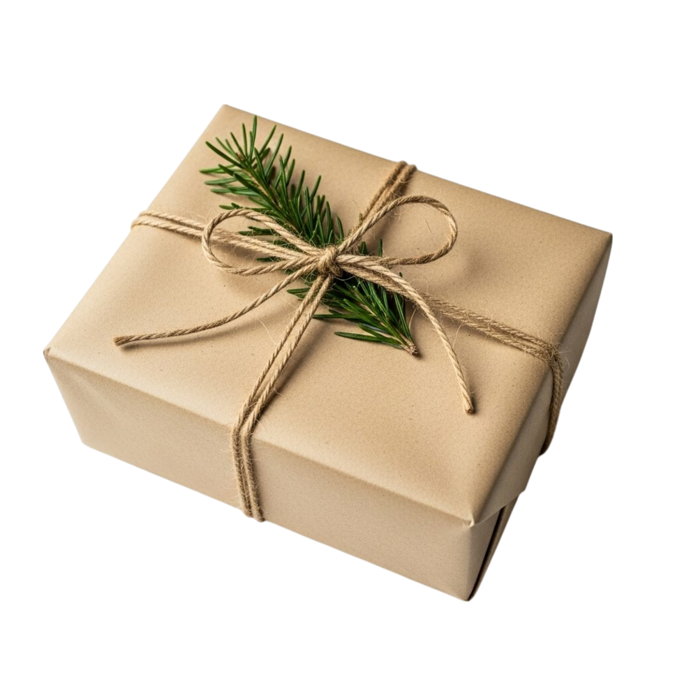 A rustic gift wrapped in brown paper tied with twine and decorated with a green pine sprig png