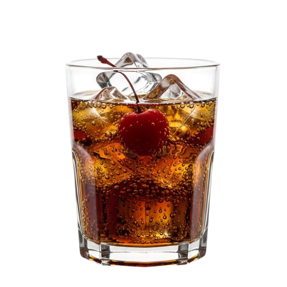 Refreshing cola drink with ice cubes and a maraschino cherry garnish png
