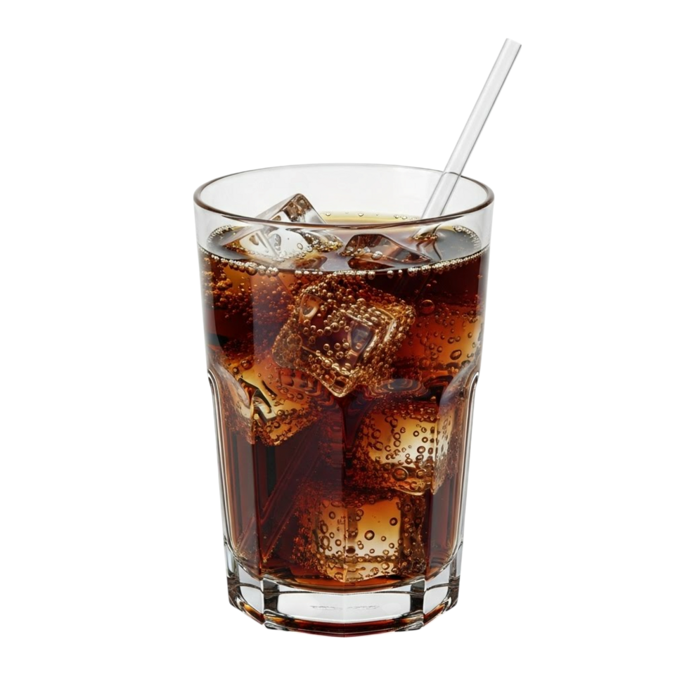 Refreshing glass of cola with ice cubes and a straw on a transparent background png