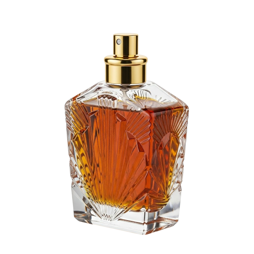 Elegant amber perfume bottle with intricate glass design and gold cap png