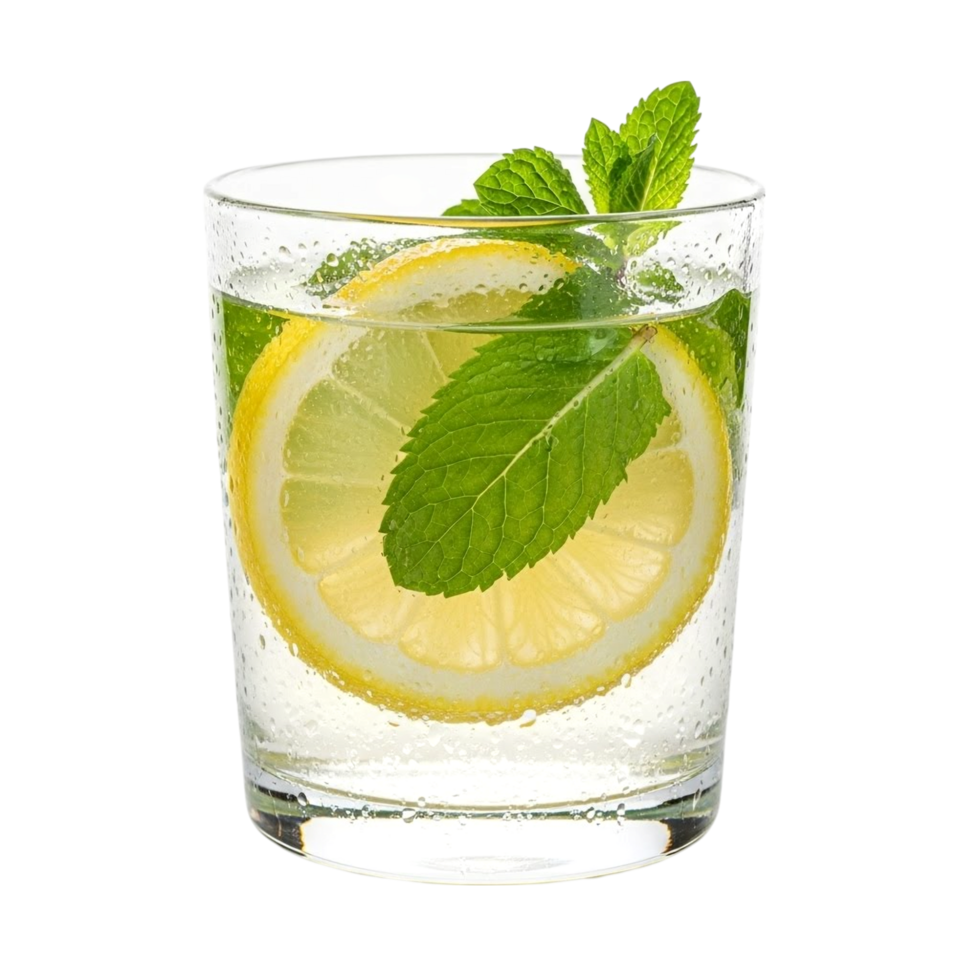Refreshing glass of water with lemon slices and fresh mint leaves png