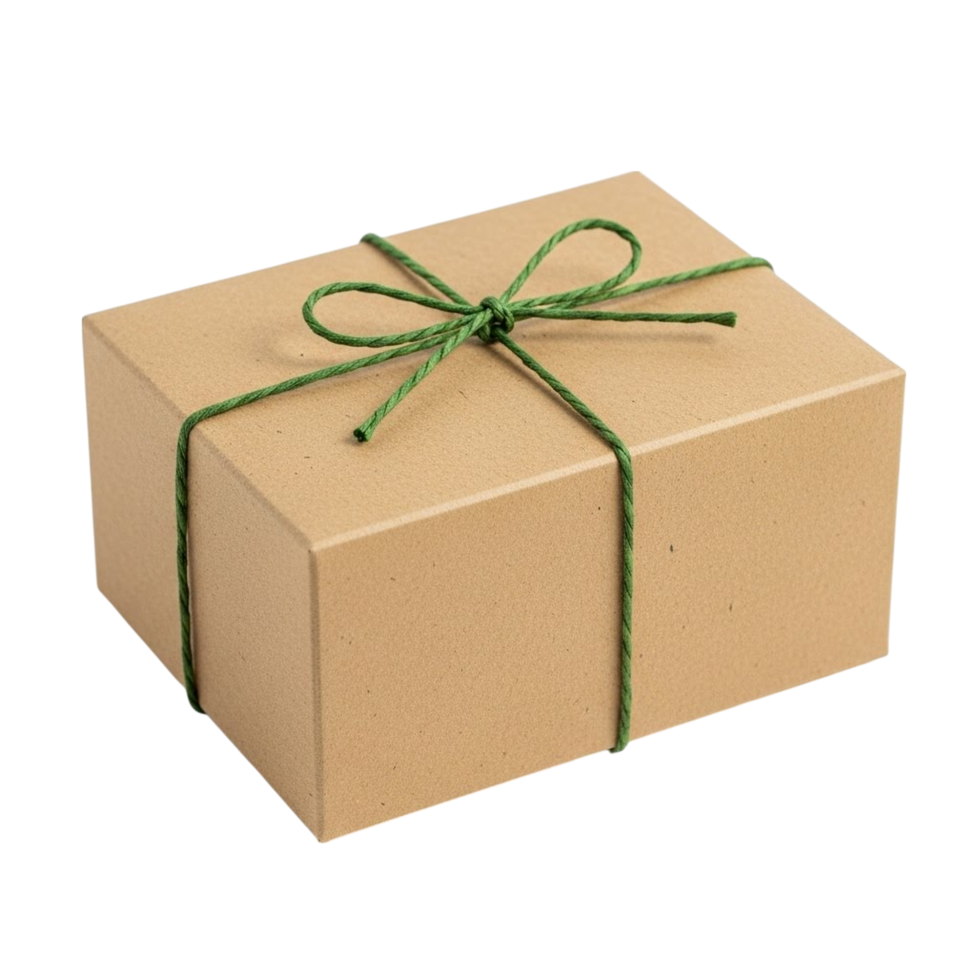 Simple kraft paper gift box tied with green twine on a transparent background png