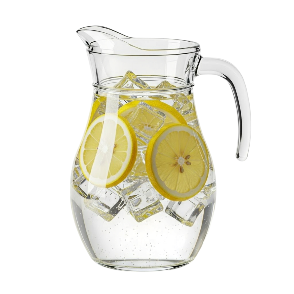 Refreshing glass pitcher filled with ice cubes and sliced lemons png