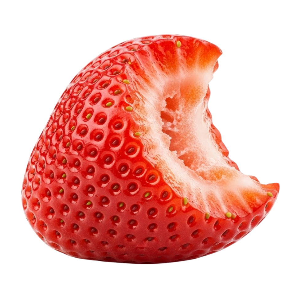 A single ripe strawberry with a bite taken out revealing its juicy interior png