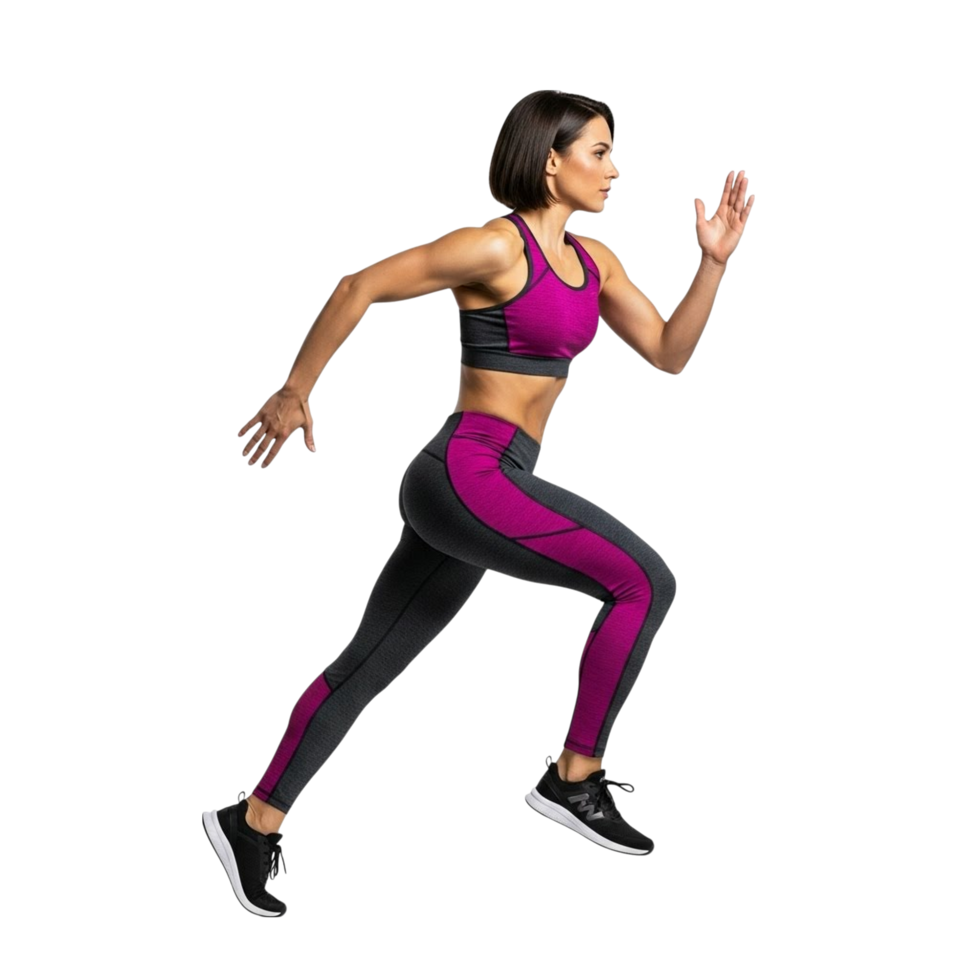 Fit woman in athletic wear running with determination png