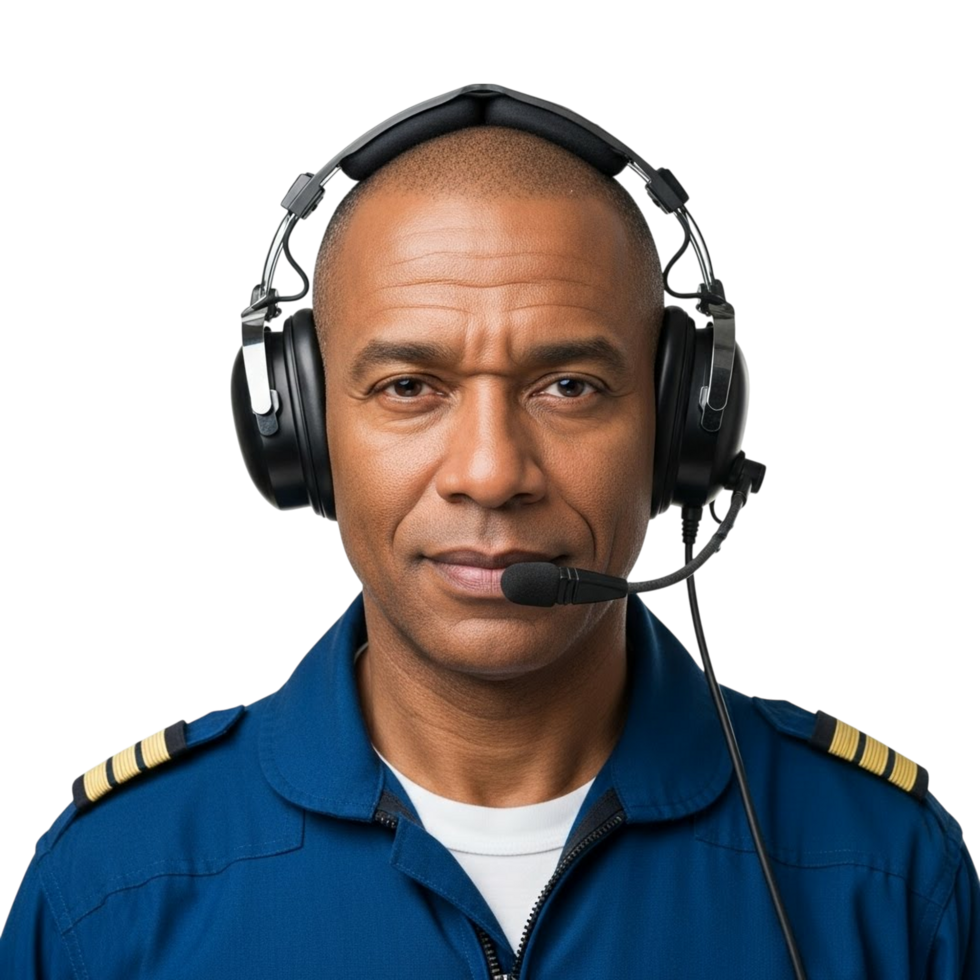 Pilot wearing headset and uniform with epaulets on a transparent background png