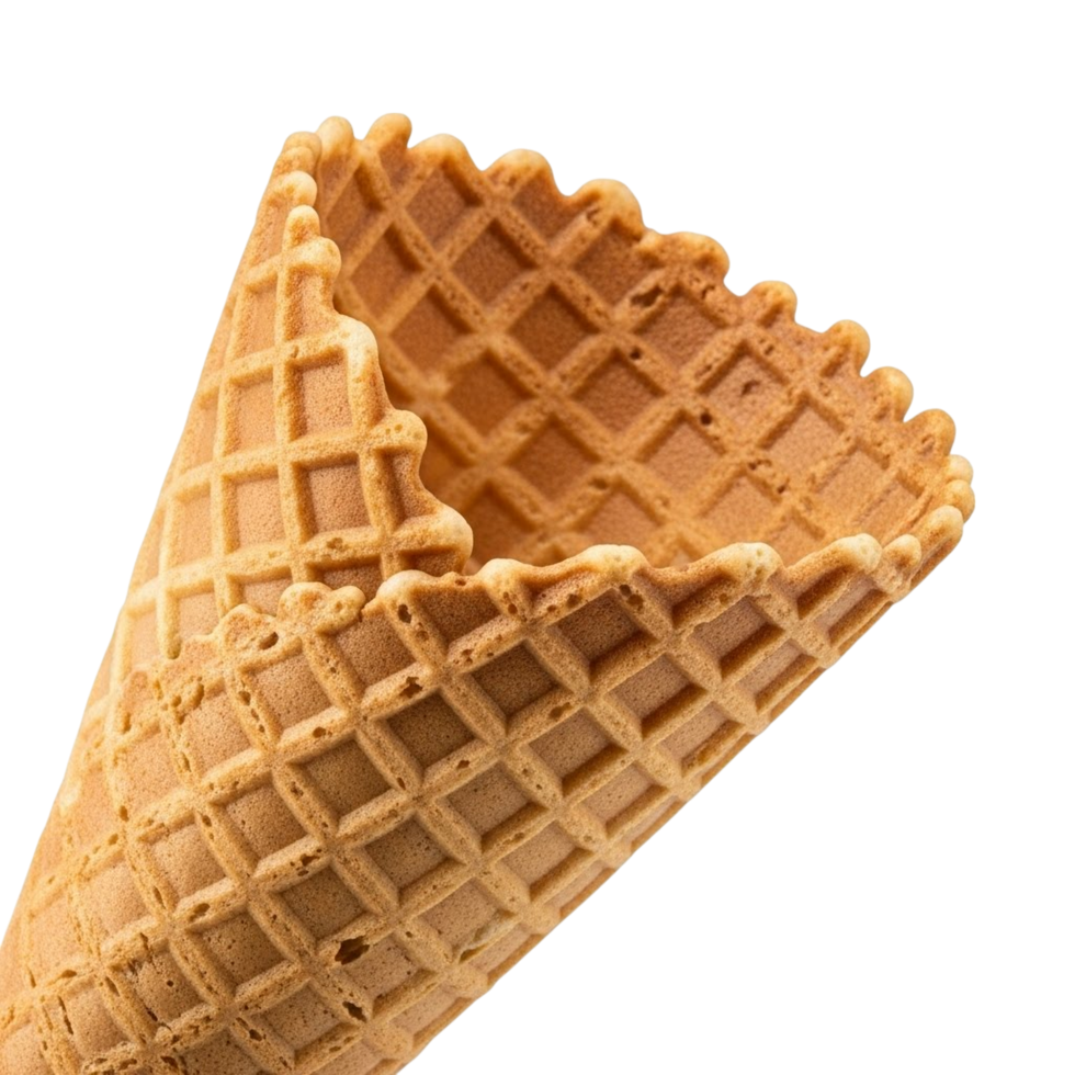 Close up of a golden brown waffle ice cream cone with a textured surface png