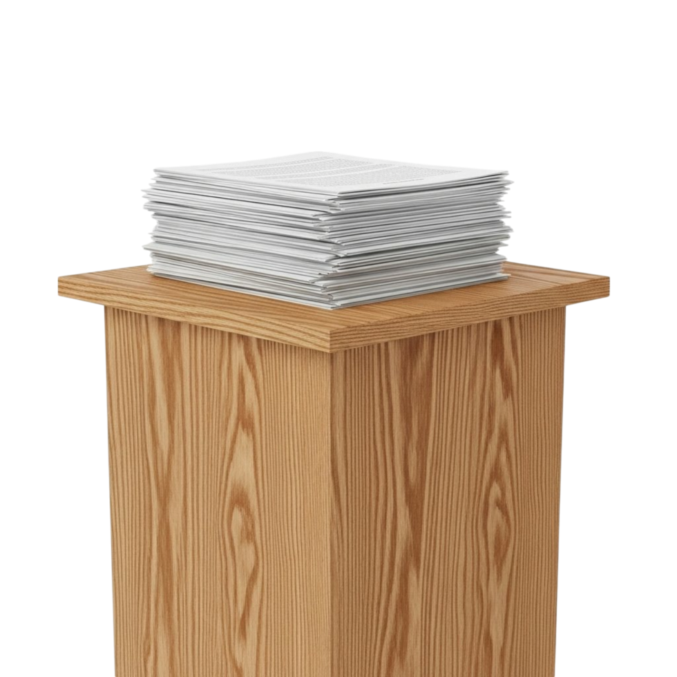 Stack of papers resting on a wooden podium with a transparent background png