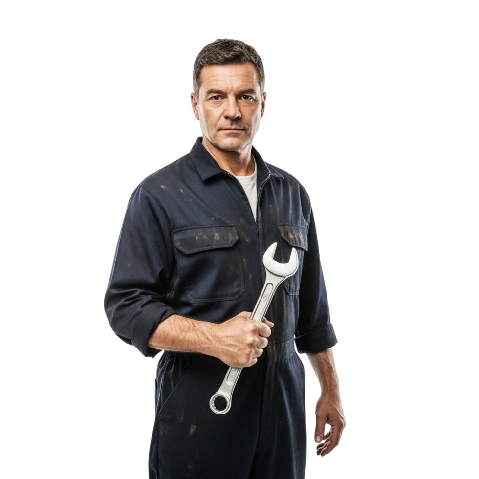 Confident mechanic in blue overalls holding a large silver wrench png