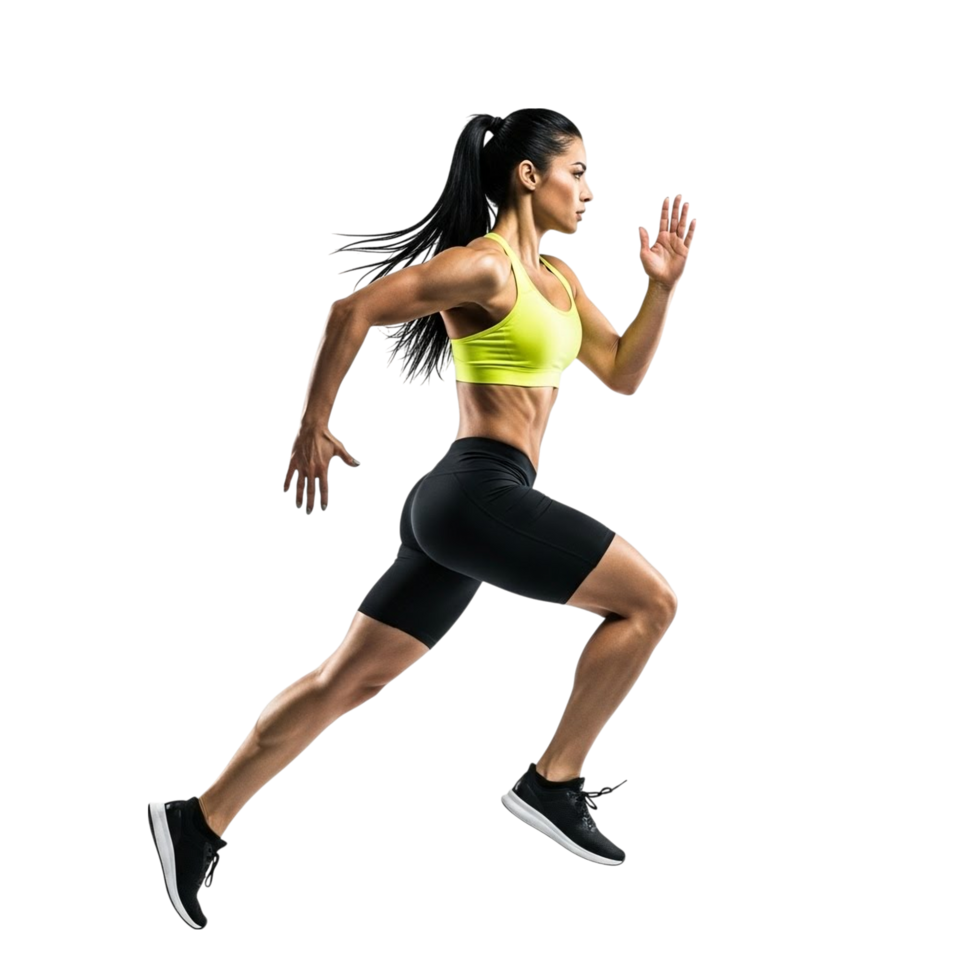 Fit woman running in athletic wear on transparent background png
