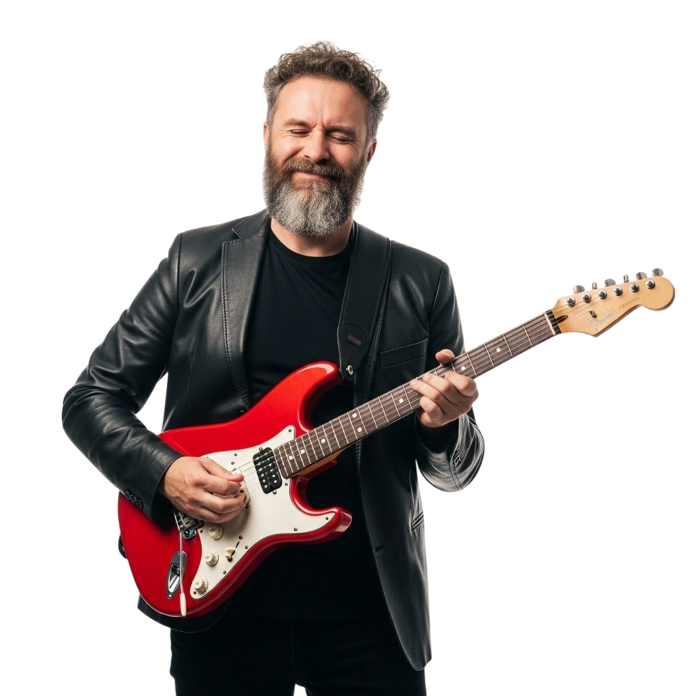 Passionate bearded man playing a red electric guitar with eyes closed png
