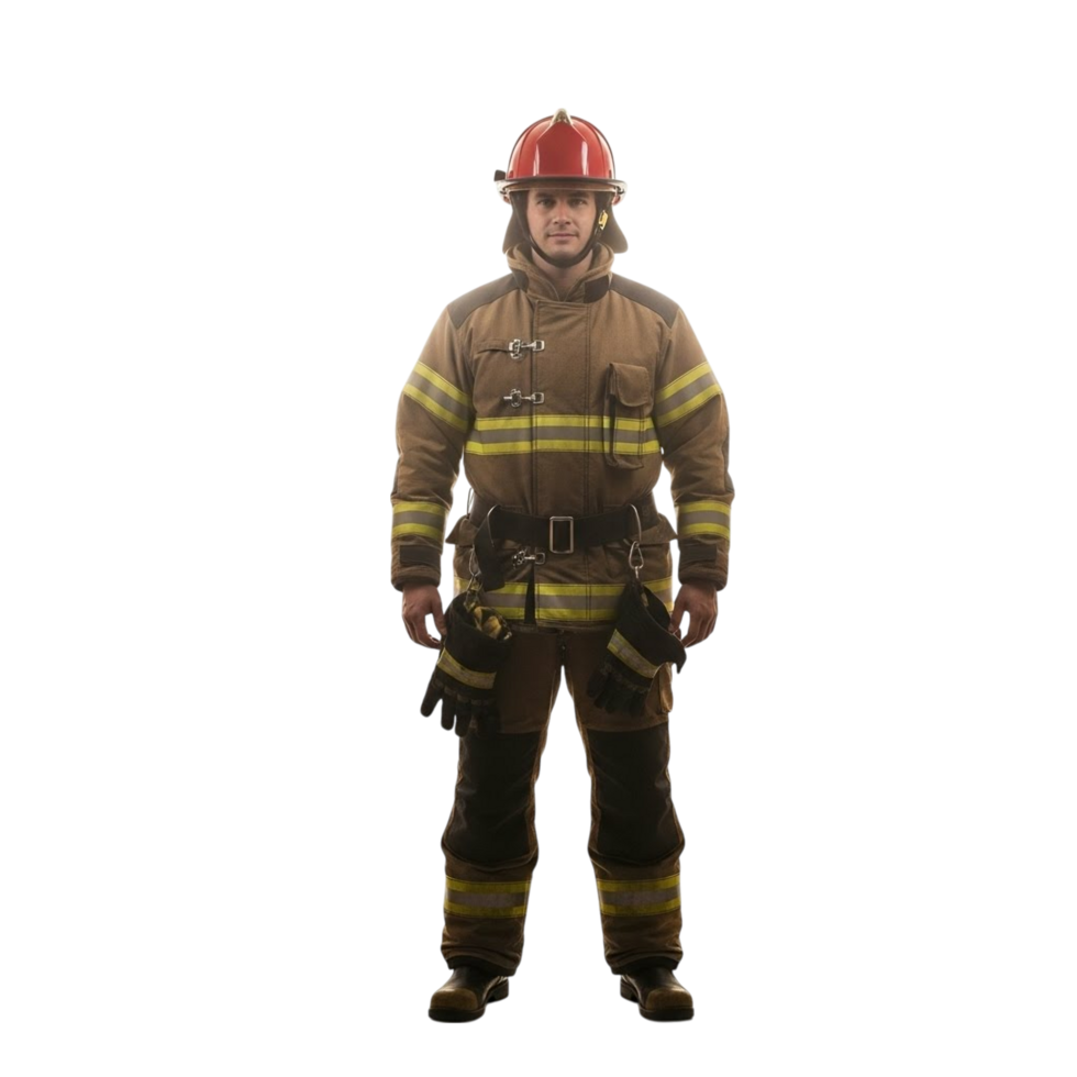 Full body shot of a firefighter in protective gear standing against a transparent background png