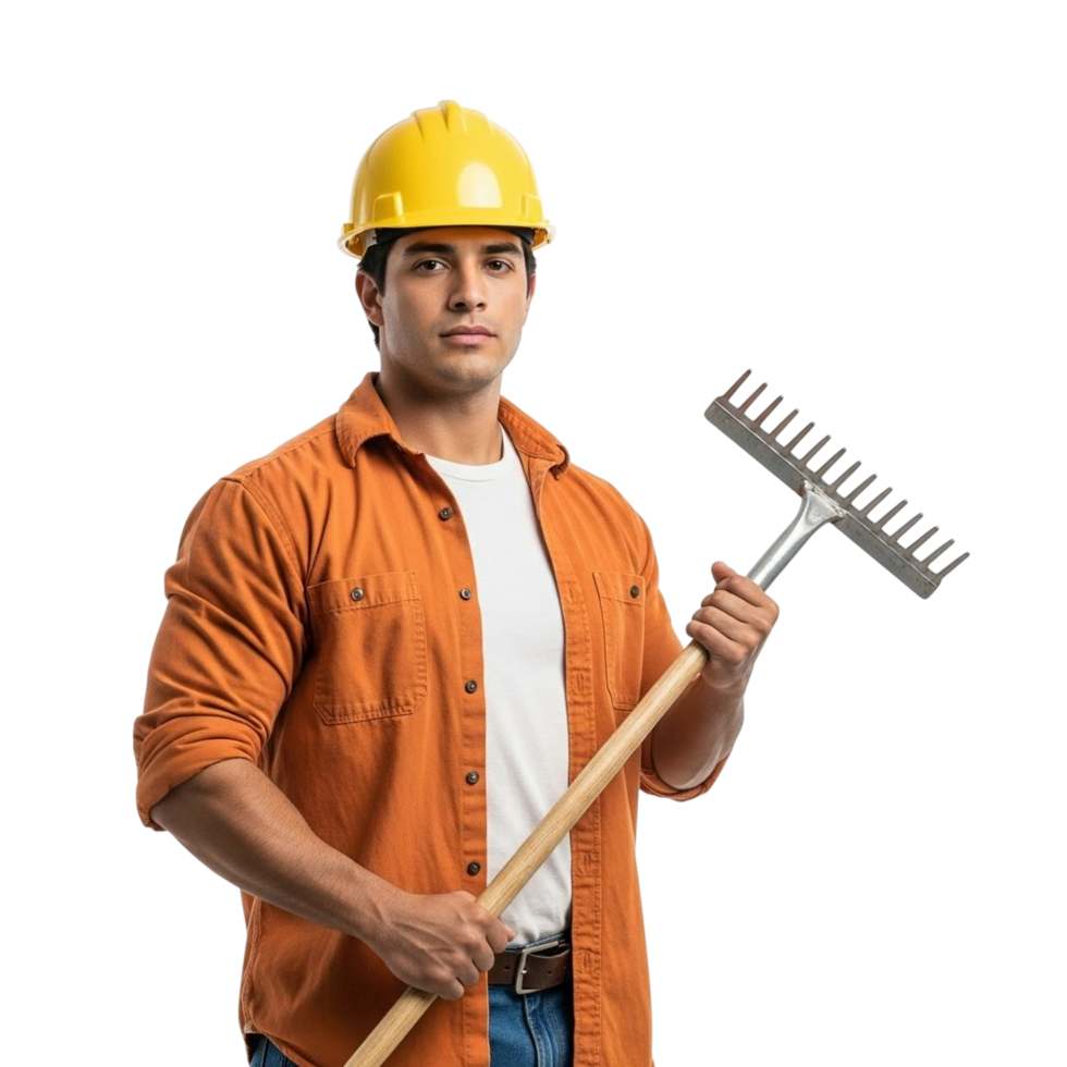 Construction worker in yellow hard hat holding a metal rake tool png
