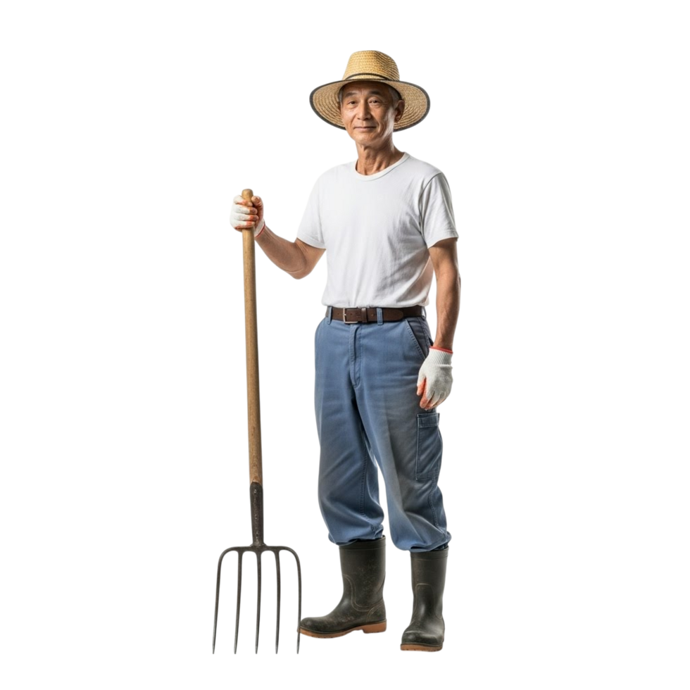 Smiling asian farmer in straw hat holding a pitchfork with gardening gloves png