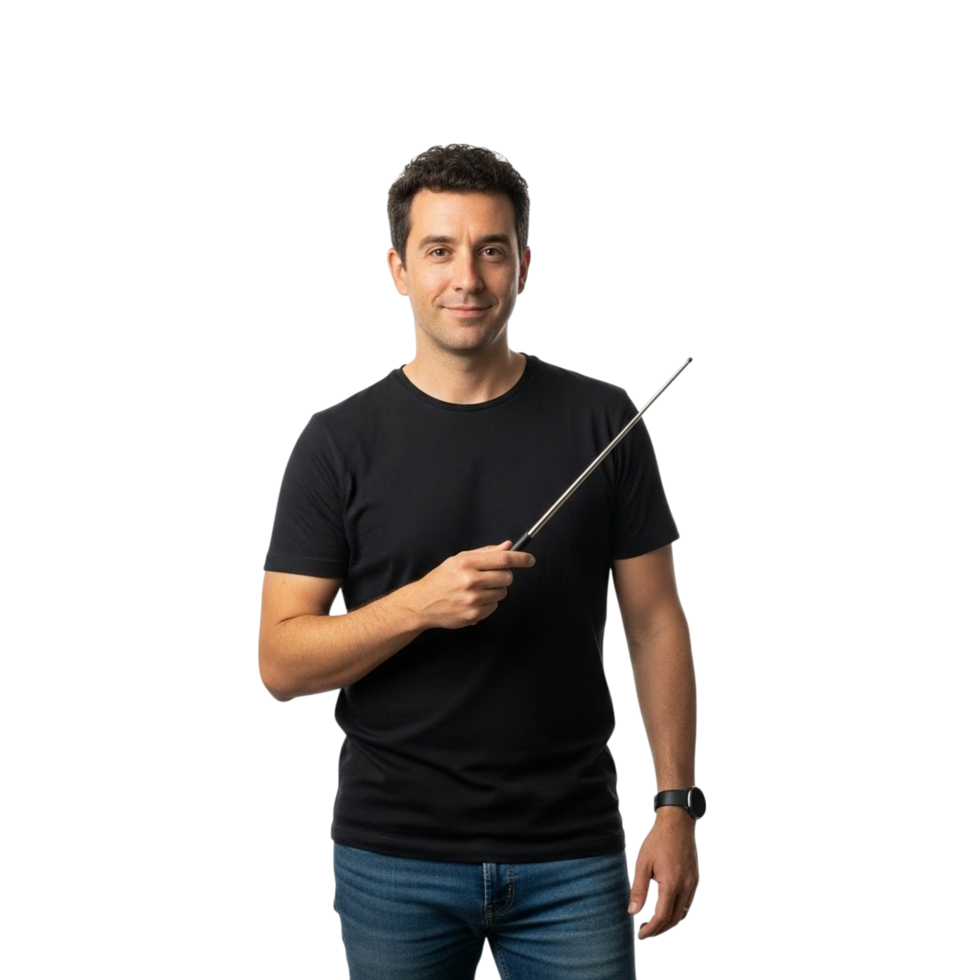 Smiling man in black t shirt holding a pointer stick png