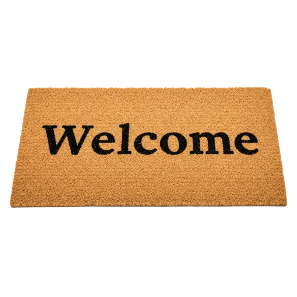 A tan welcome doormat with black text on a transparent background png