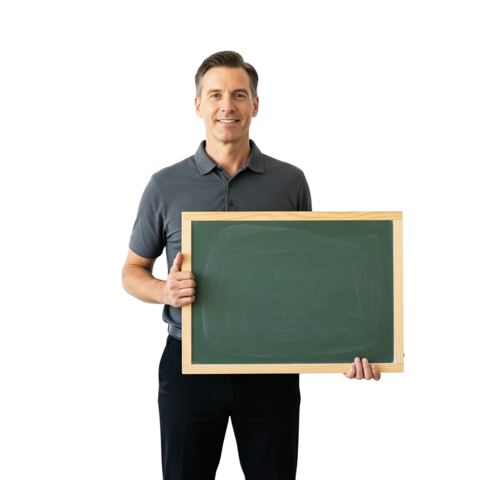 Smiling man holding a green chalkboard with a wooden frame png