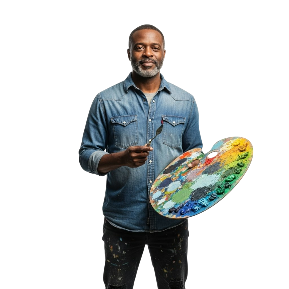 Artist holding a palette and brush ready to create png