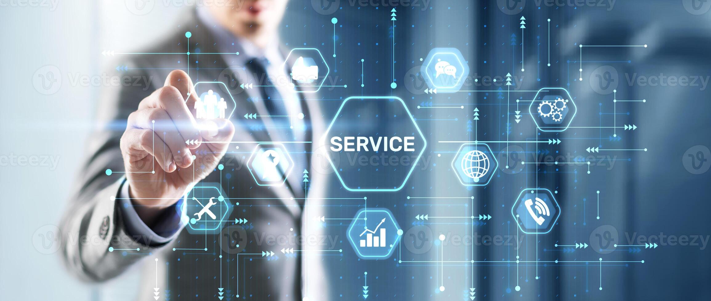 Businessman presses a button Sevice. Technical Support Customer Business Technology Internet Concept photo