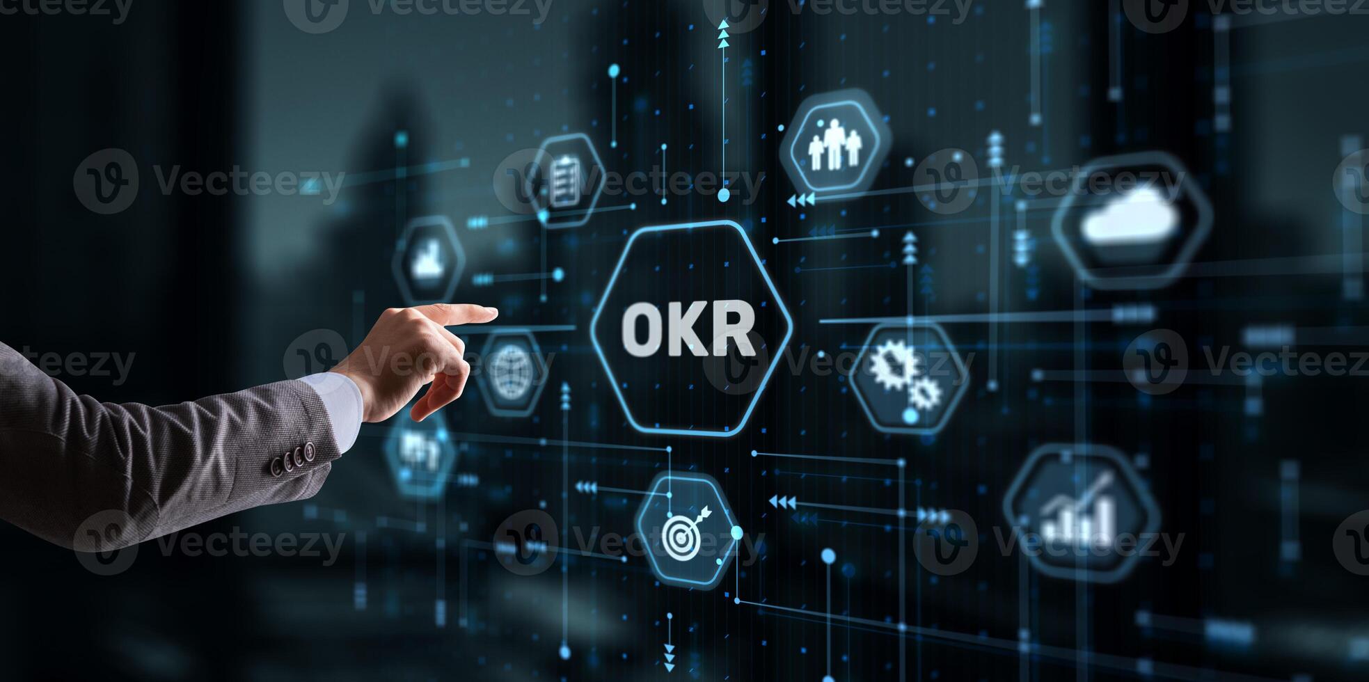 OKR Objective key result business technology finance concept on virtual screen photo