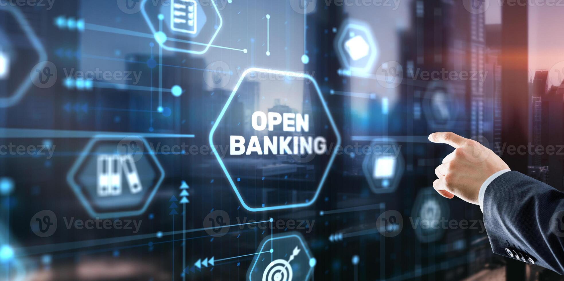 Businessman is touching hologram open banking. Technology Finance concept photo