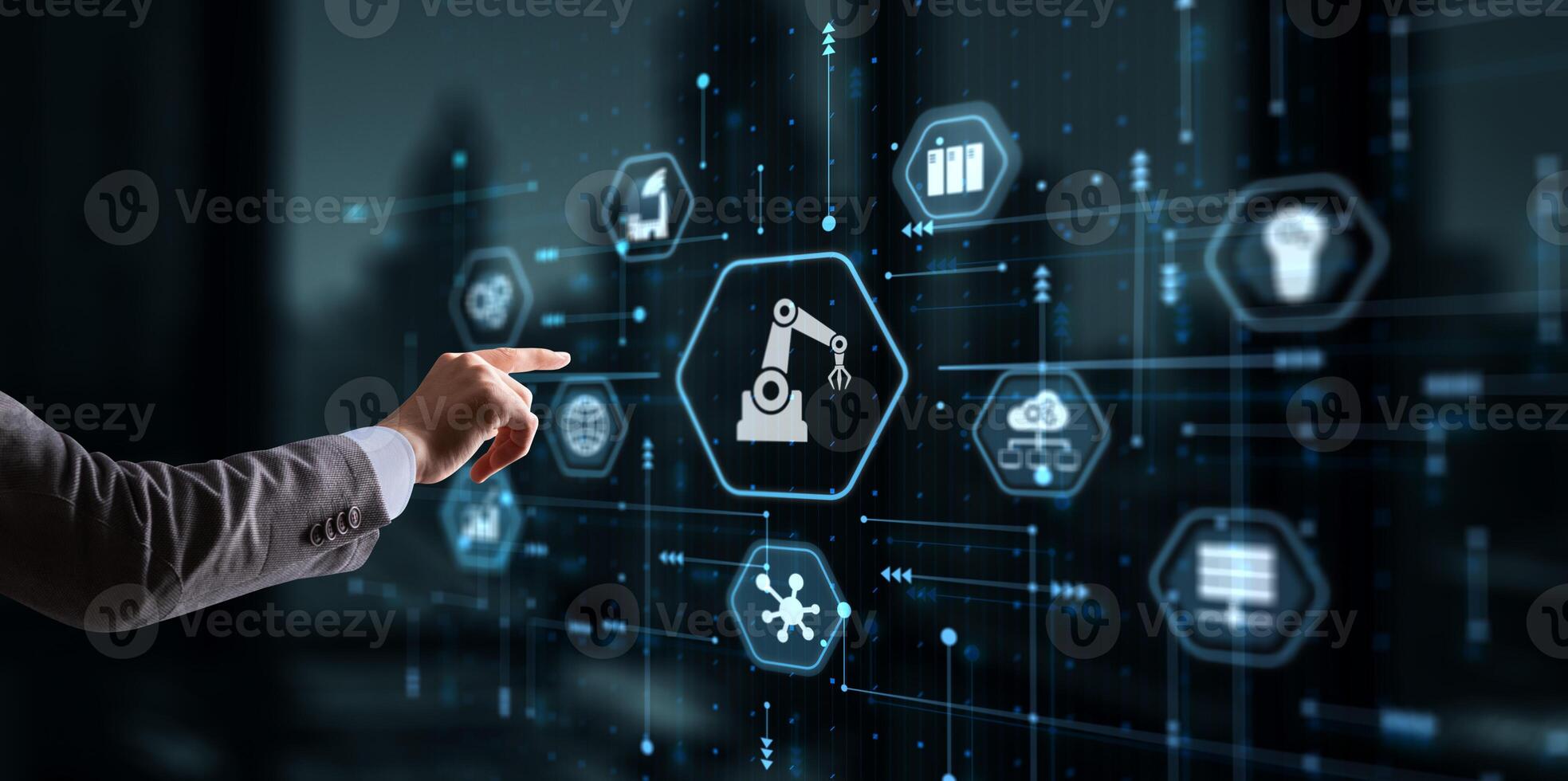 Hand pressing butto RPA icon Robotic Process Automation system. Artificial intelligence concept photo