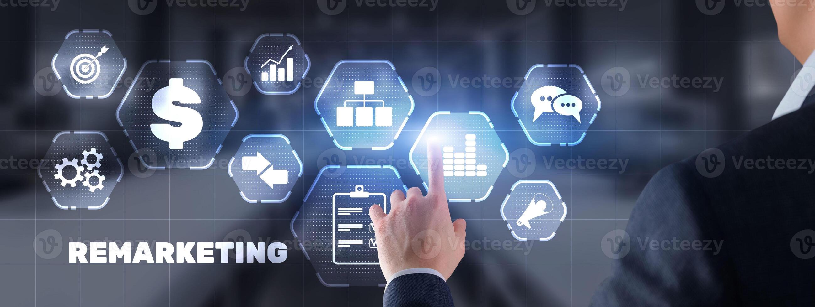 Remarketing digital marketing concept. Businessman presses remarketing on virtual screen photo