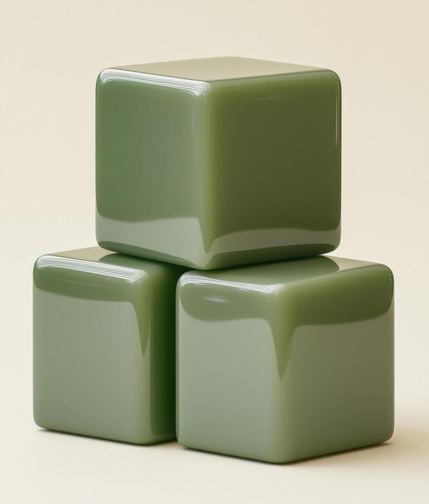 Cube shapes arranged in a stacked formation showcasing smooth surfaces and soft green color under neutral lighting, allowing for focus on geometric simplicity and design elegance photo