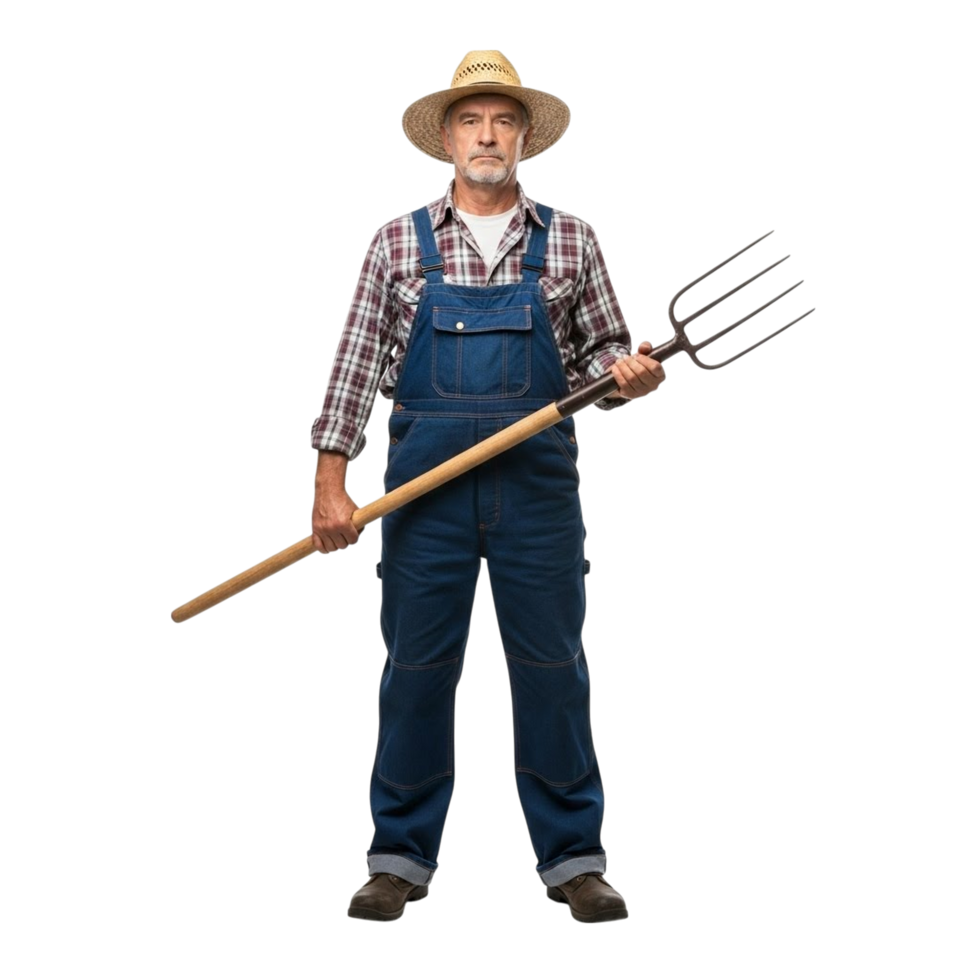 Serious farmer in overalls and straw hat holding a pitchfork png