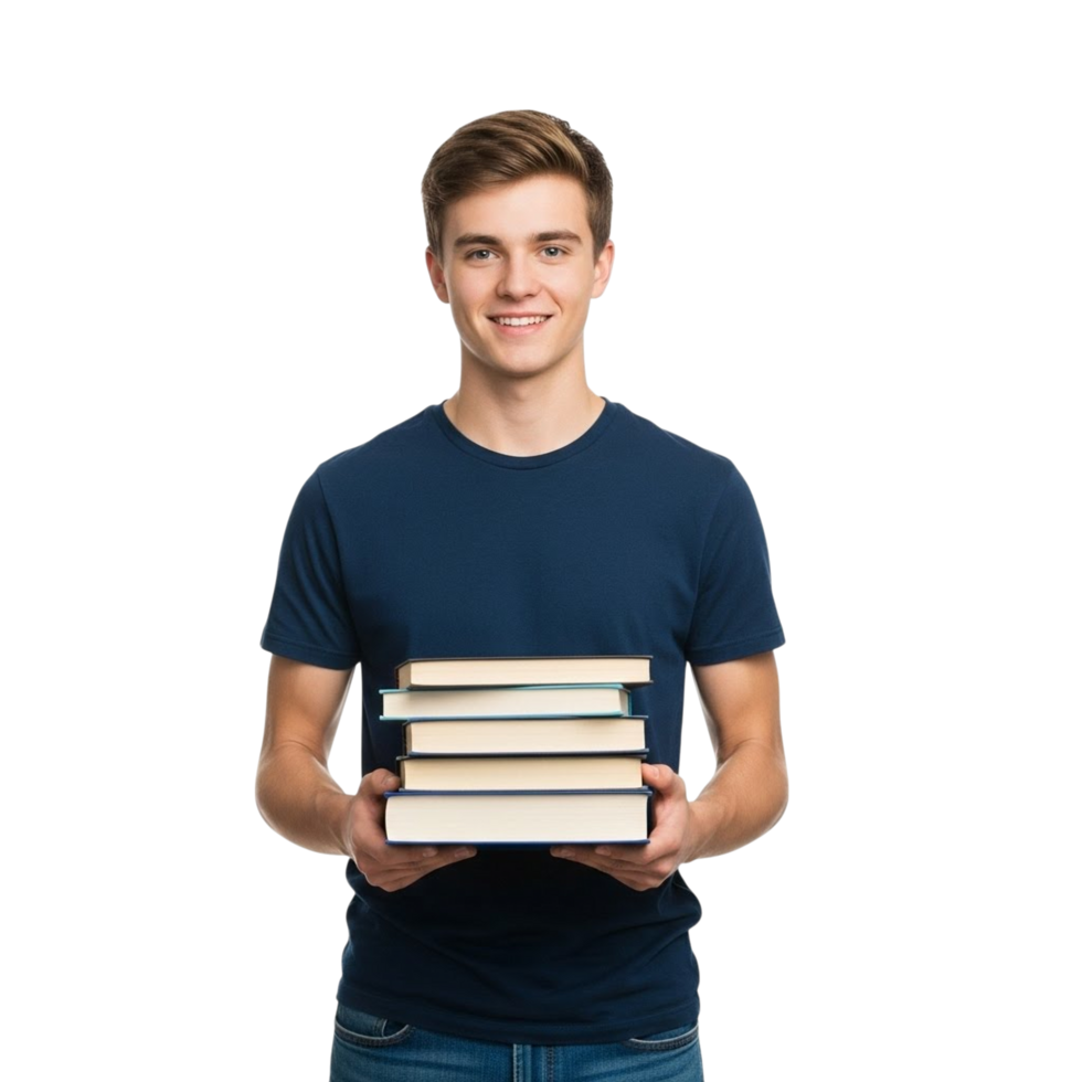 Happy young man in a blue t shirt holding a stack of books png