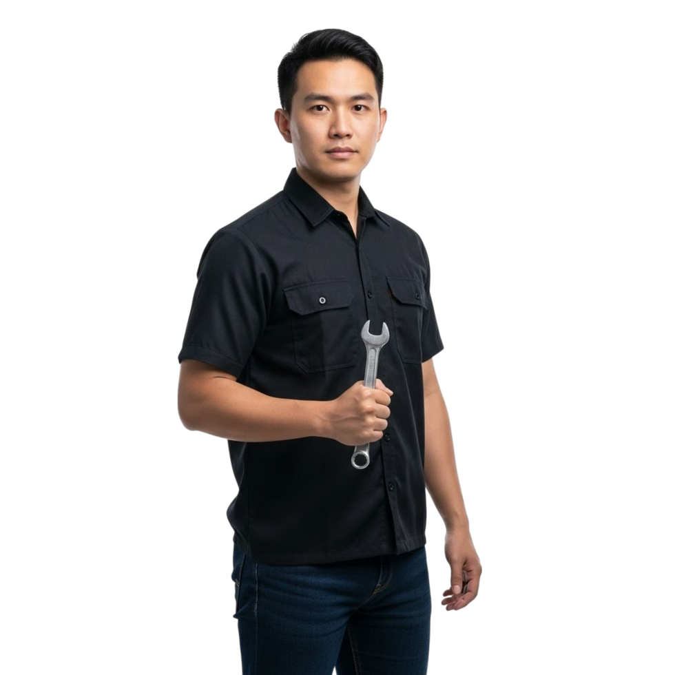 Skilled asian mechanic holding a wrench with a confident expression png