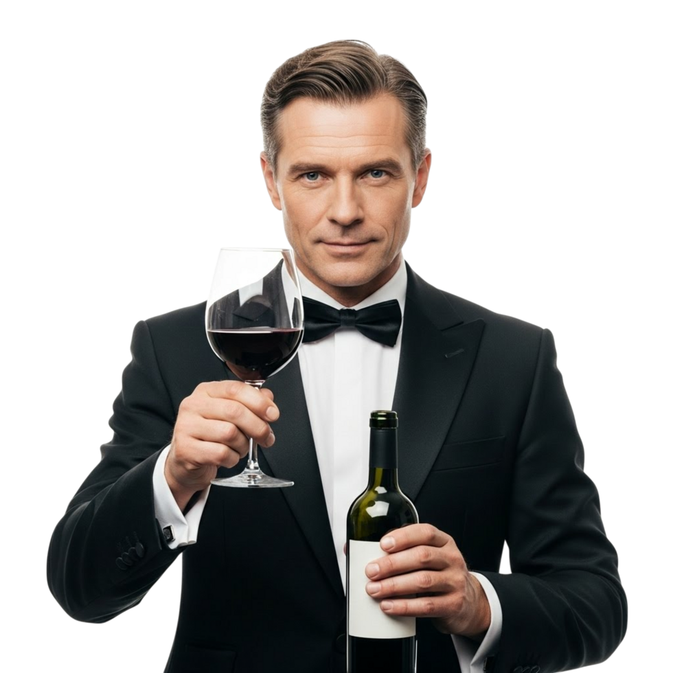 Sophisticated man in tuxedo holding wine glass and bottle png