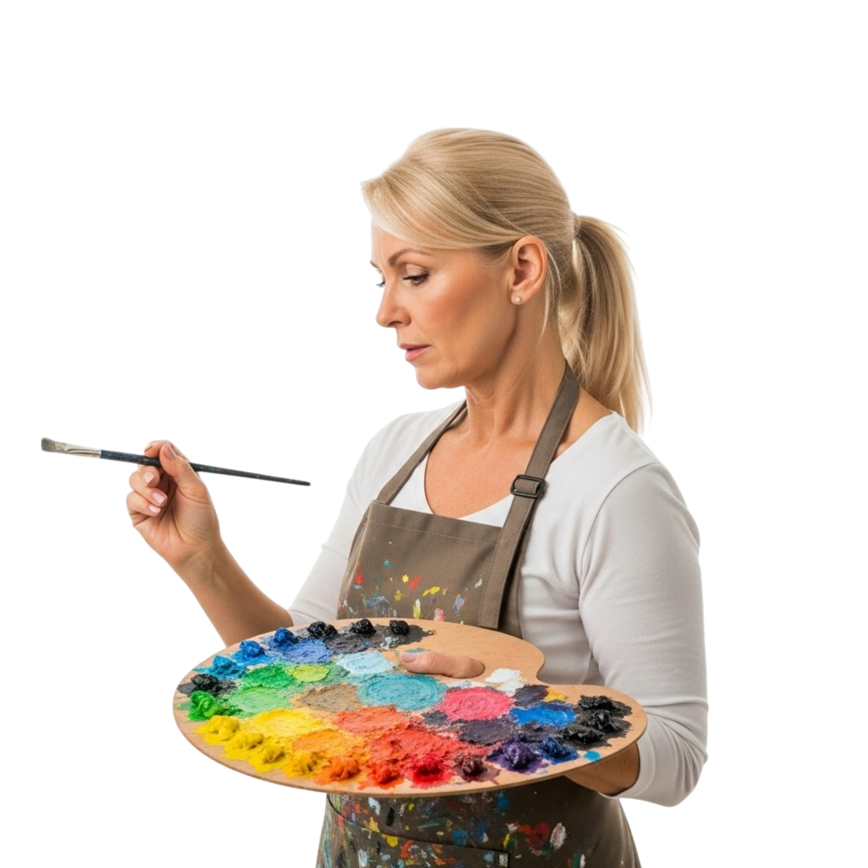 Artist concentrates on mixing colors on a wooden palette with a brush png