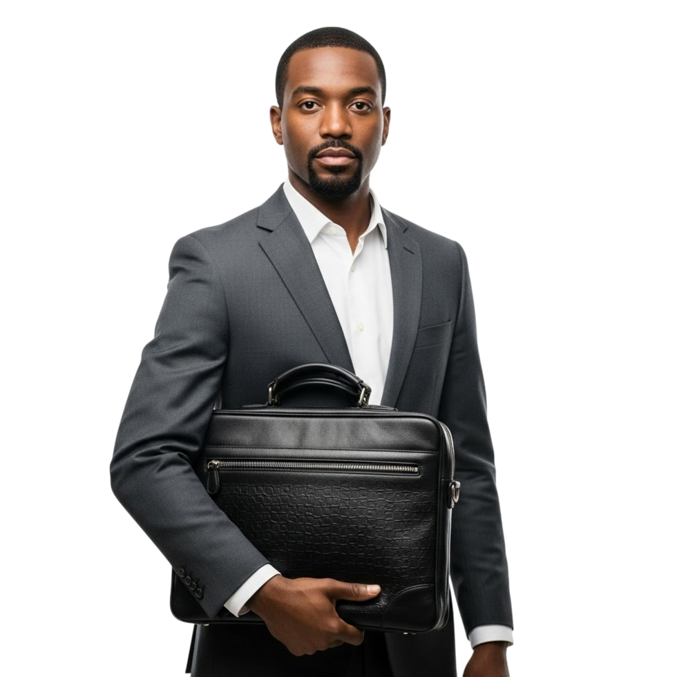 Professional african american businessman holding a black leather briefcase png
