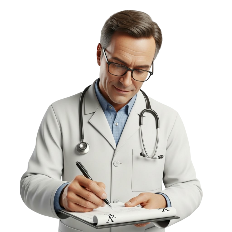 Doctor in white coat with stethoscope writing on clipboard png