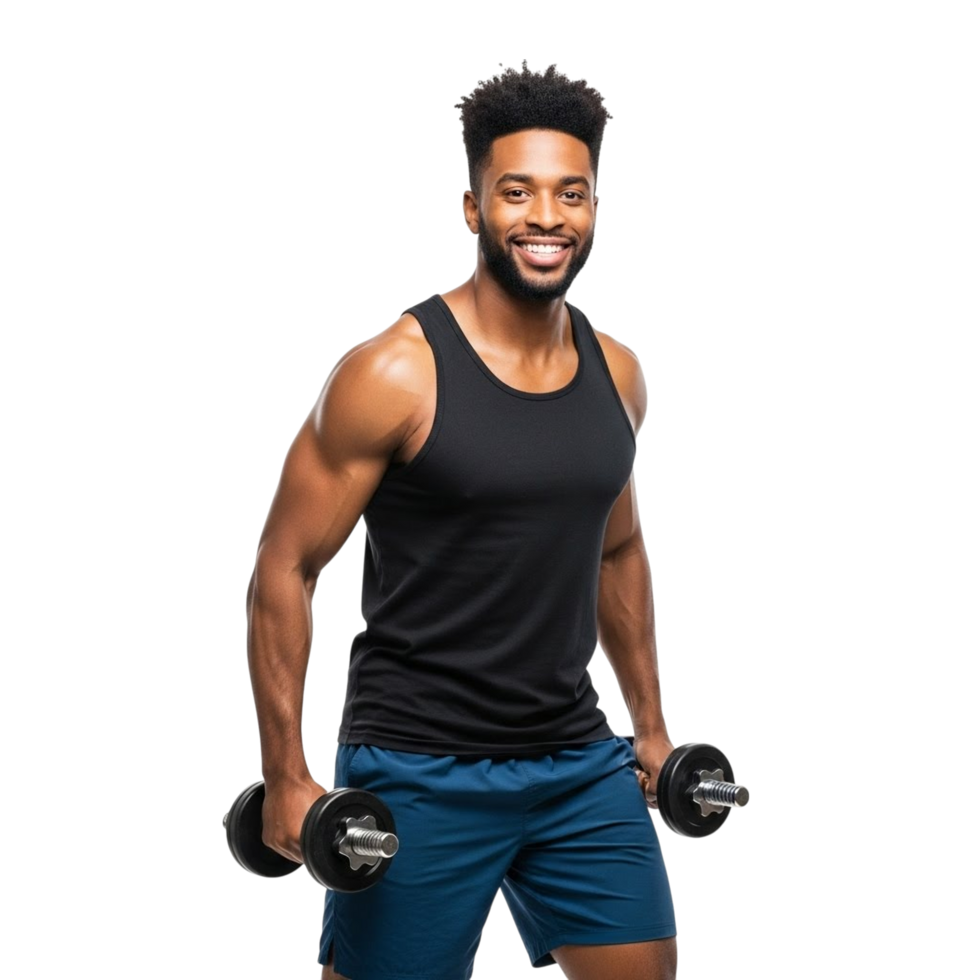 Smiling black man with muscular arms holding dumbbells ready for workout png
