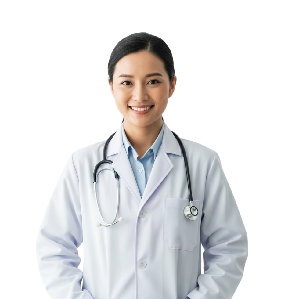 Smiling asian female doctor wearing a white coat and stethoscope png