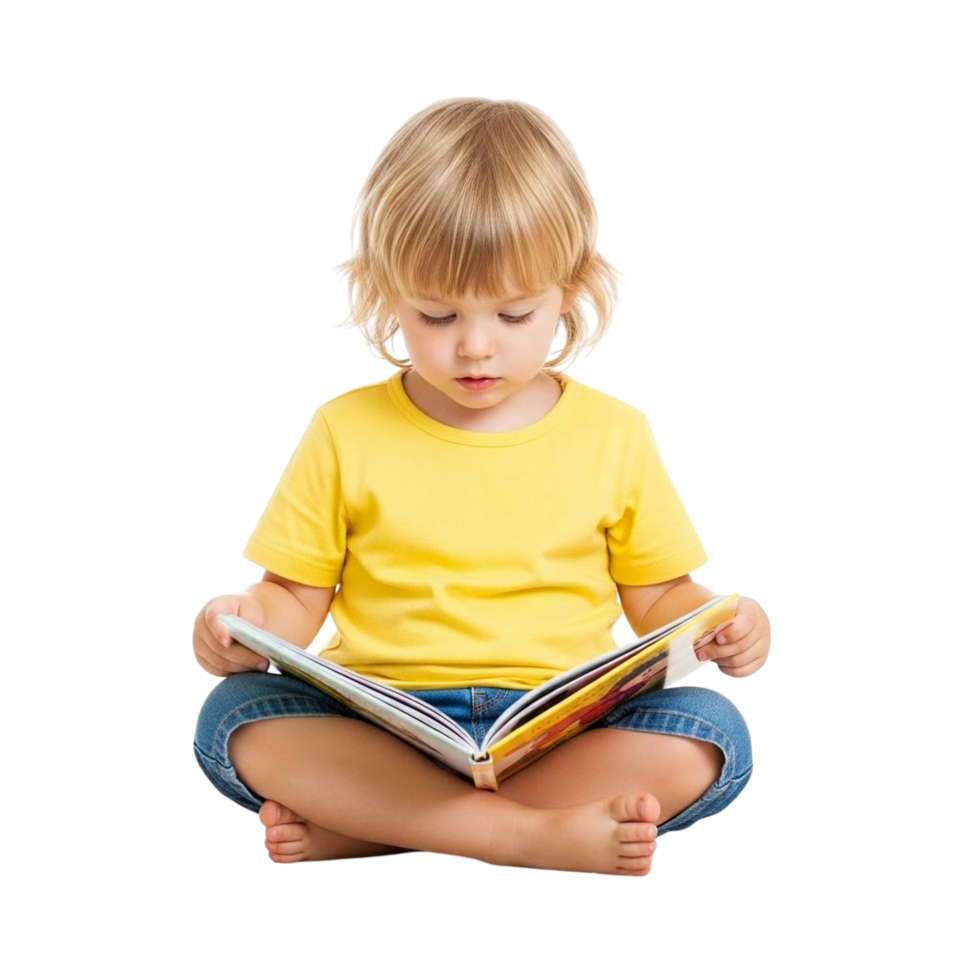 Young child engrossed in reading an open book while sitting cross legged png