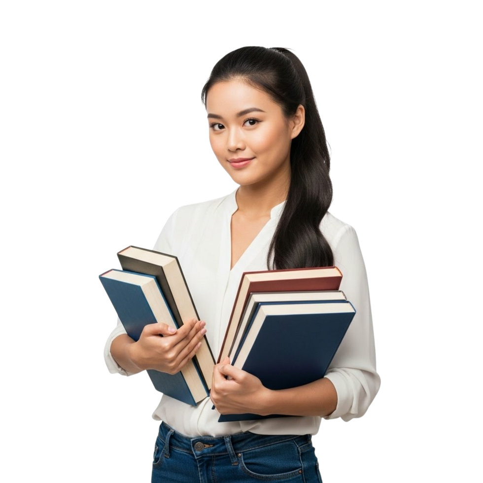 Young woman holding a stack of books with a friendly smile png