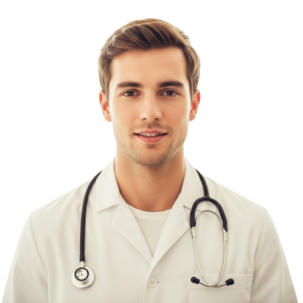 Friendly young doctor wearing a white coat with a stethoscope png