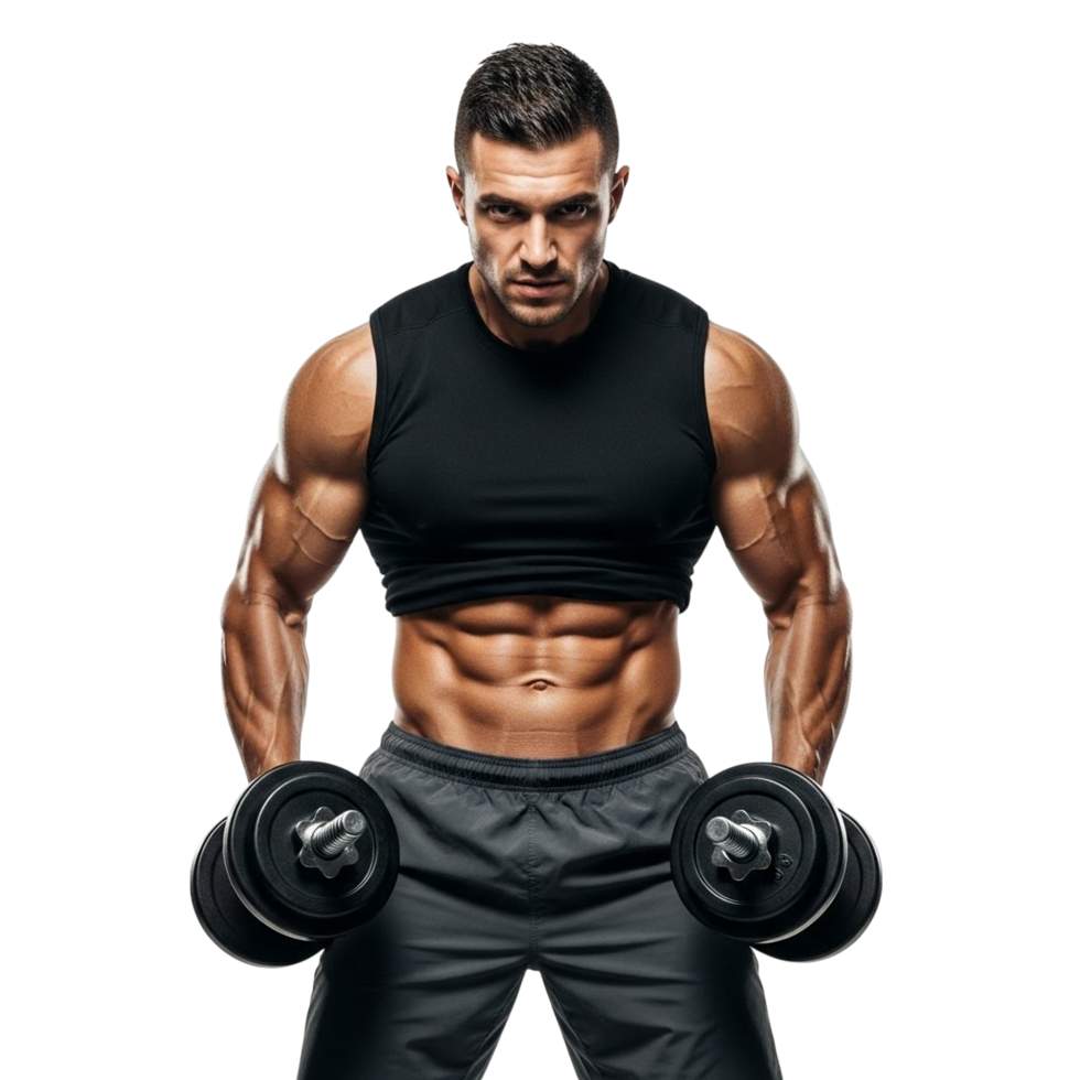 Muscular man with six pack abs holds dumbbells ready for workout png